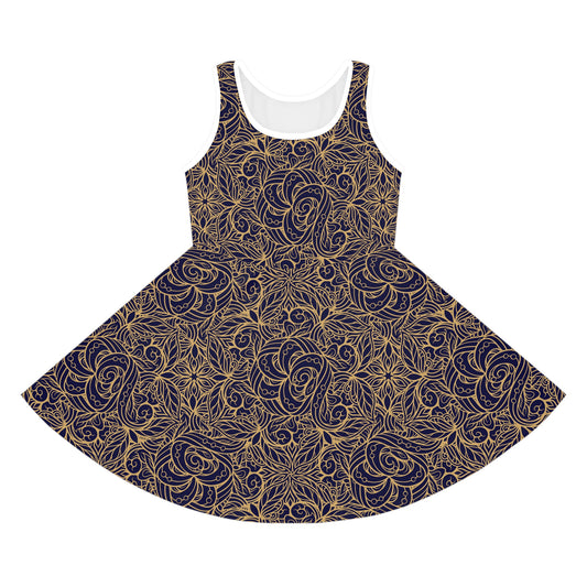 Golden Midnight Radiance Mandala Floral Girls' Sleeveless Sundress