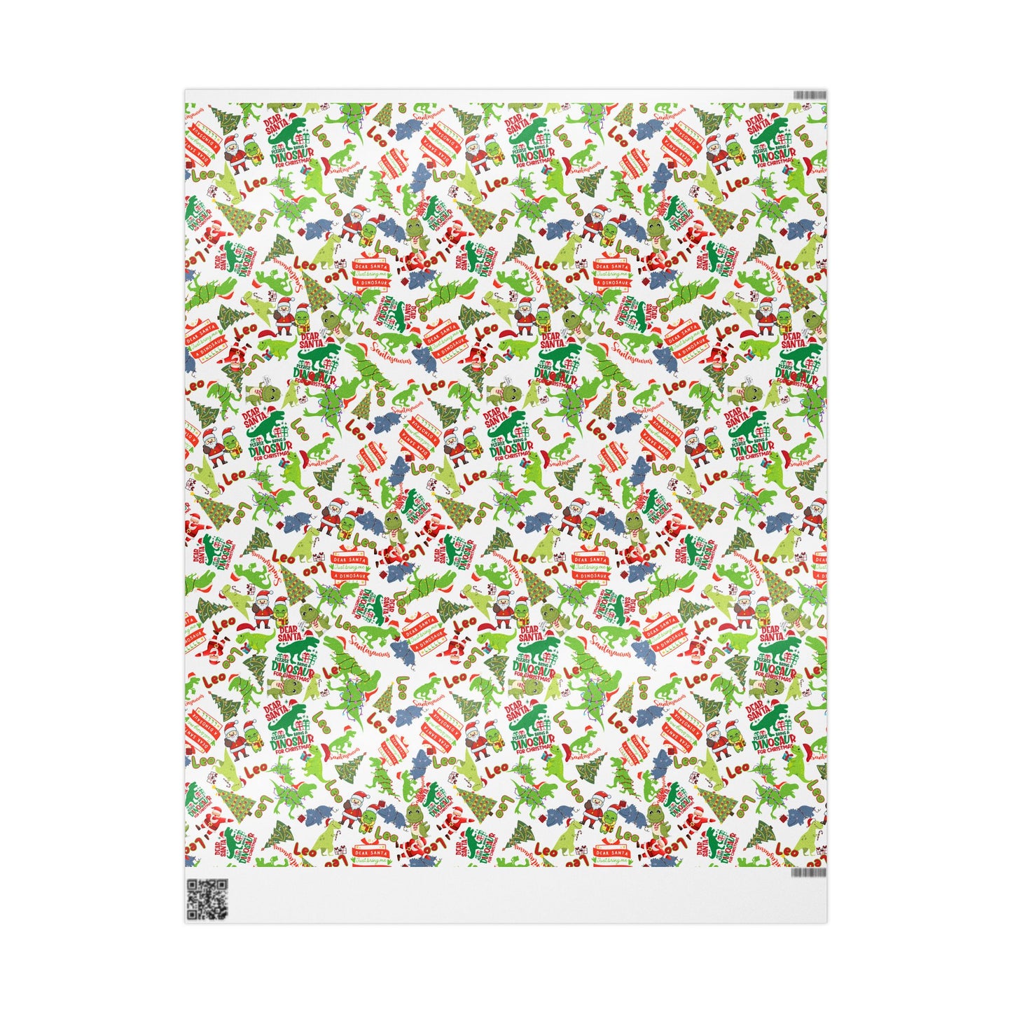 Dinosaur Santa Themed Custom Name Wrapping Paper (Leo)