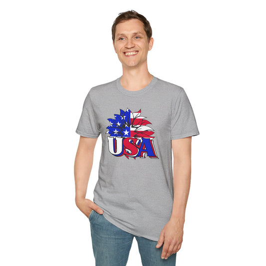 USA over Red, White, and Blue Flag Sunflower T-shirt