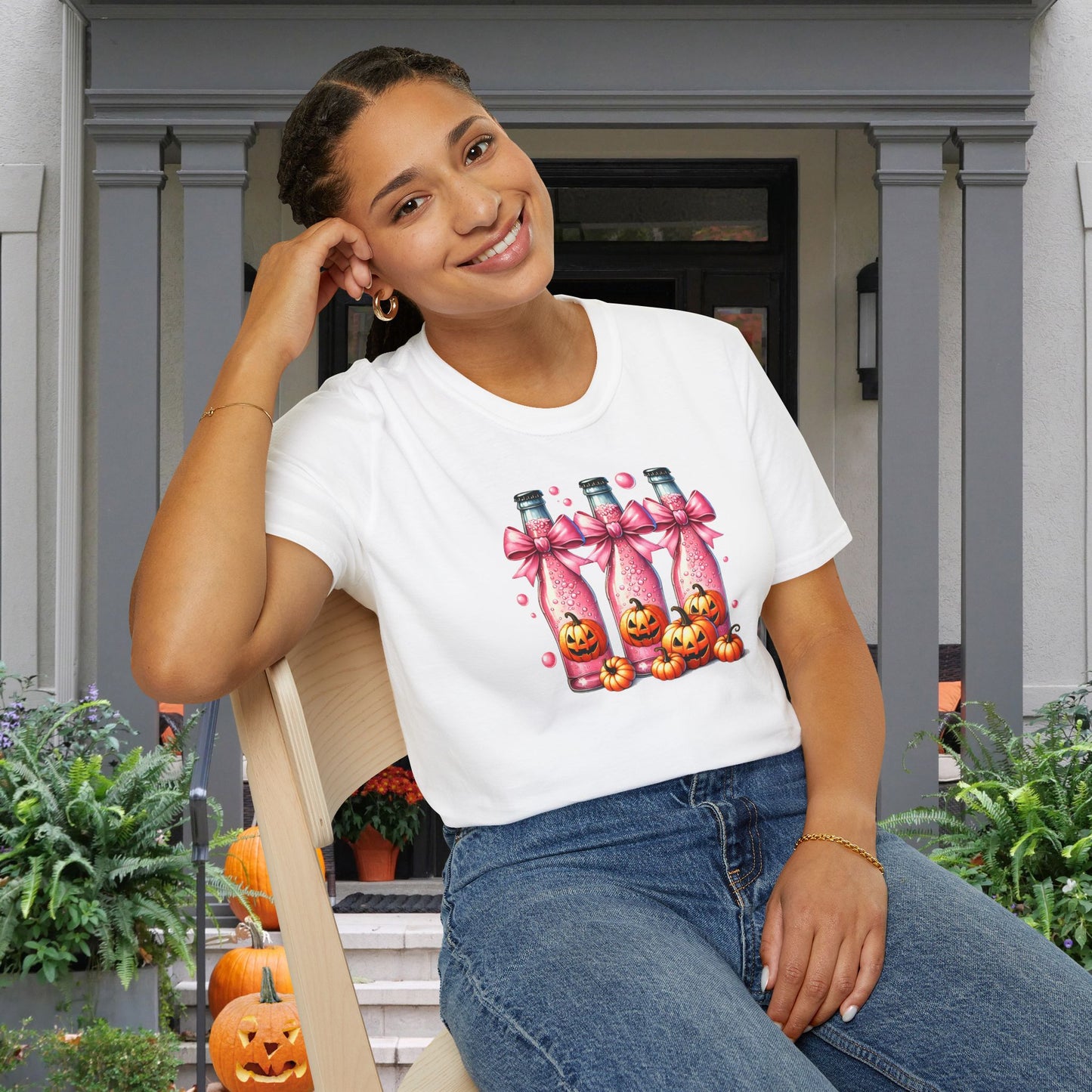 Pink Fizzy Drink w/Pumpkins Adult T-shirt