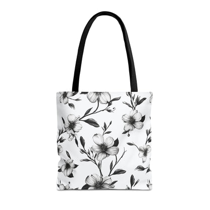 Black & White Five Petal Floral Canvas Tote Bag