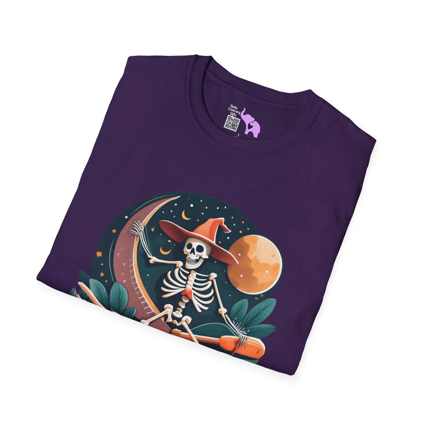 Skeleton Over Moon On Broomstick Adult T-shirt