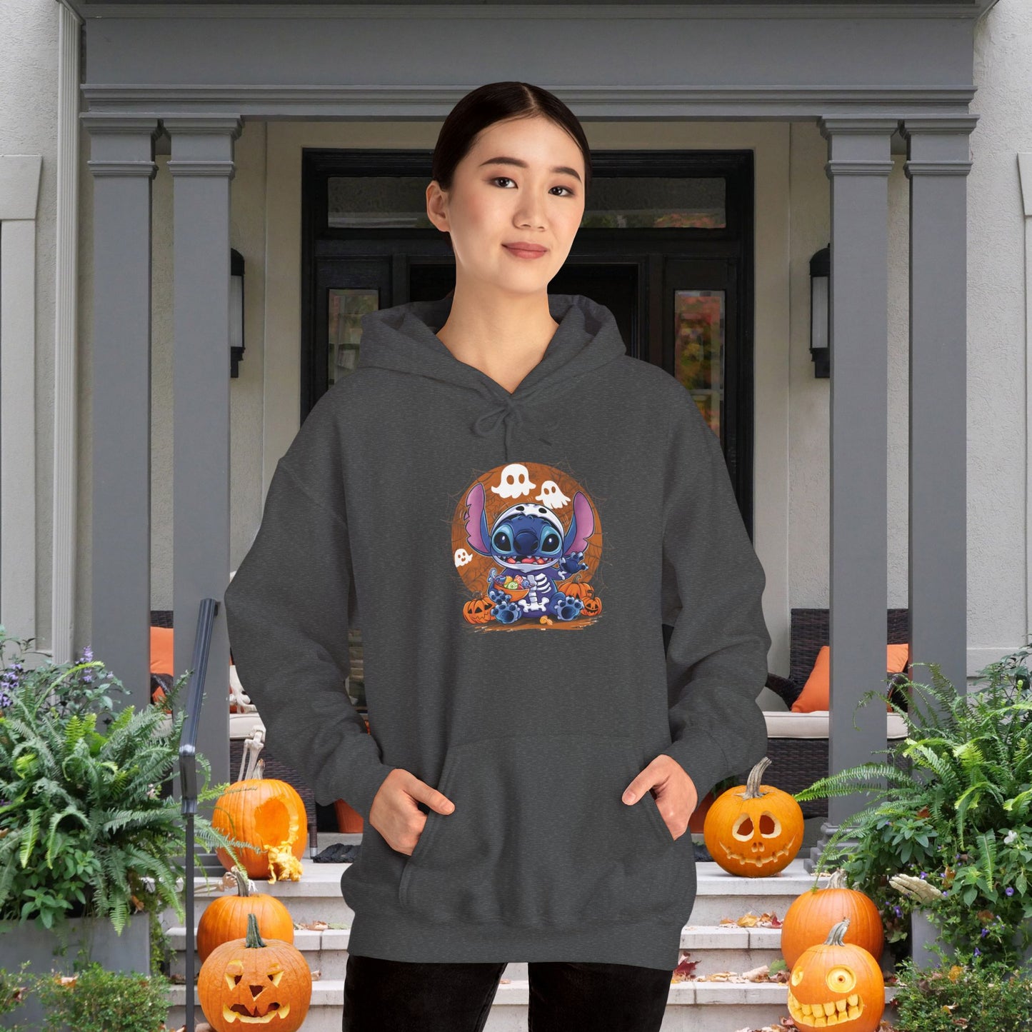 Spooky Skeleton Stitch w/Ghosts and Pumpkins  Heavy Blend™ Hooded Sweatshirt