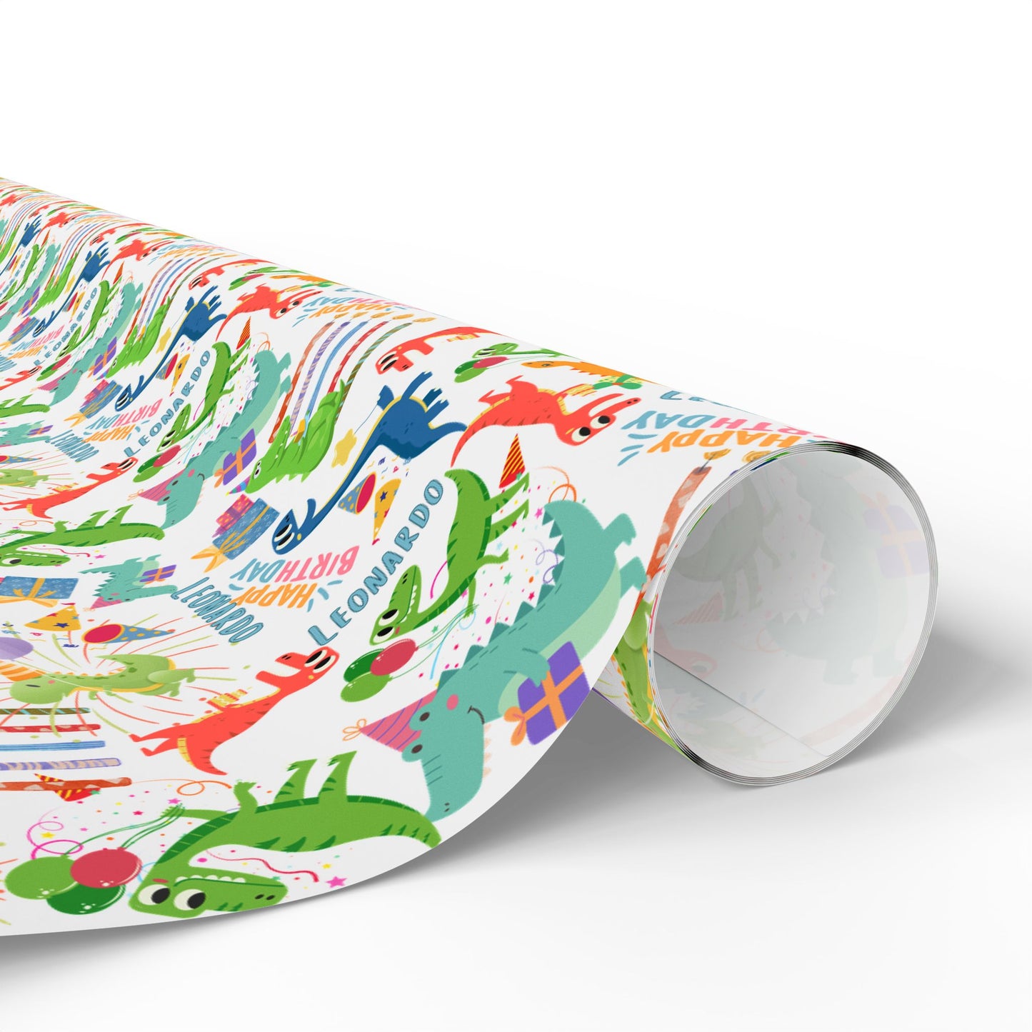 Birthday Dinosaur (White) Custom Name Wrapping Paper (Leonardo)