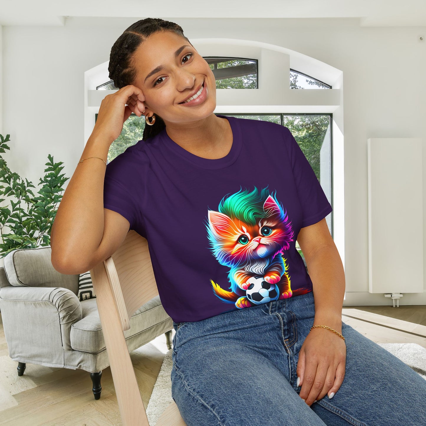 Cute Colorful Kitten w/Soccer Ball Adult T-shirt