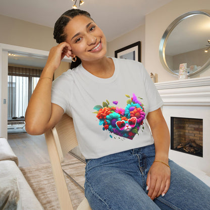 Colorful Flowers/Heart Kitten Adult T-shirt