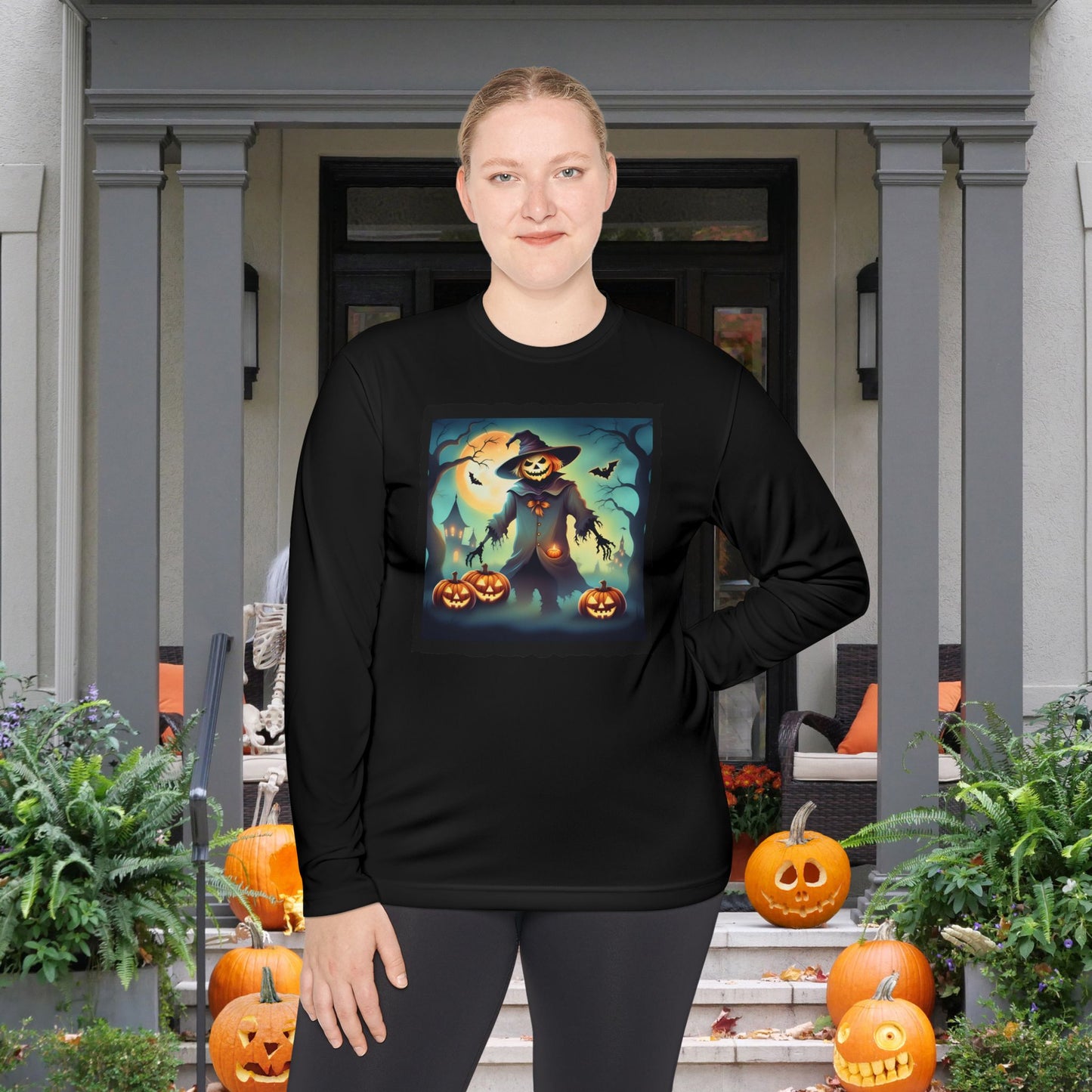 Halloween Scarecrow w/Pumpkins 3 Adult Long Sleeve Tee
