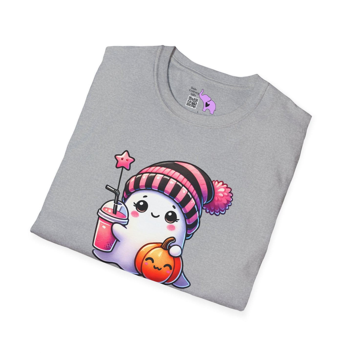 Cute Ghost w/Pumpkin and Pink Drink Adult T-shirt