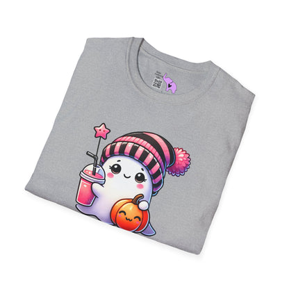 Cute Ghost w/Pumpkin and Pink Drink Adult T-shirt