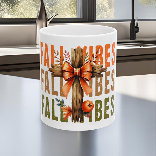 Fall Vibes Cross Ceramic Mug, (11oz, 15oz)