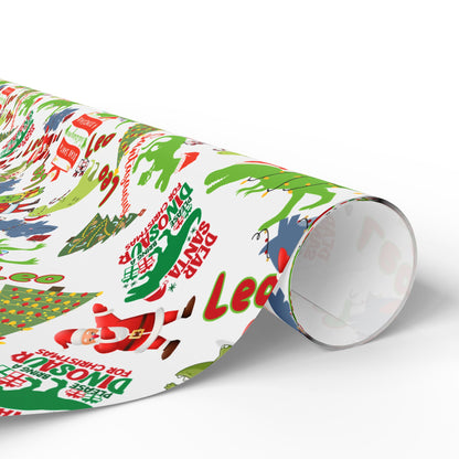 Dinosaur Santa Themed Custom Name Wrapping Paper (Leo)