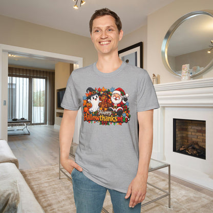 Hallowthanksmas Shirt (Ghost/Turkey/Santa) Adult T-shirt