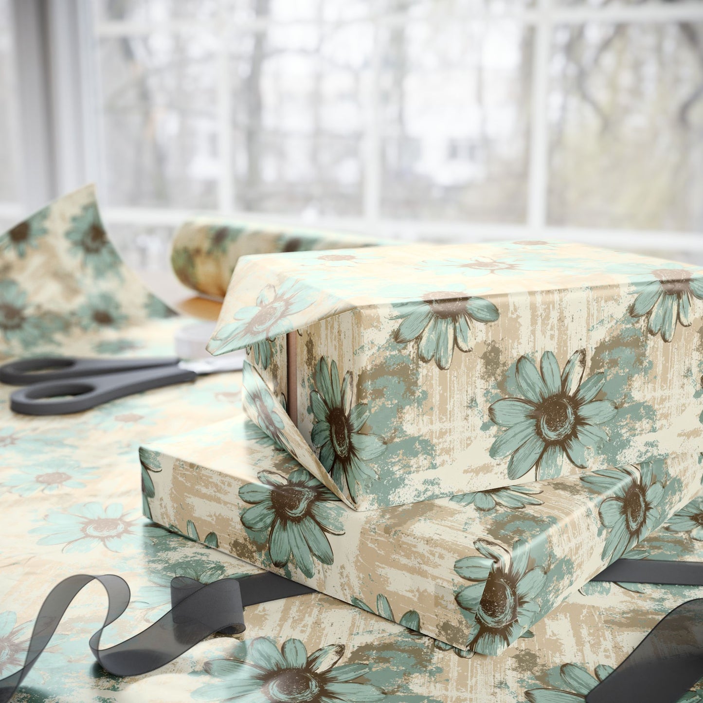 Rustic Teal Daisy Wrapping Paper