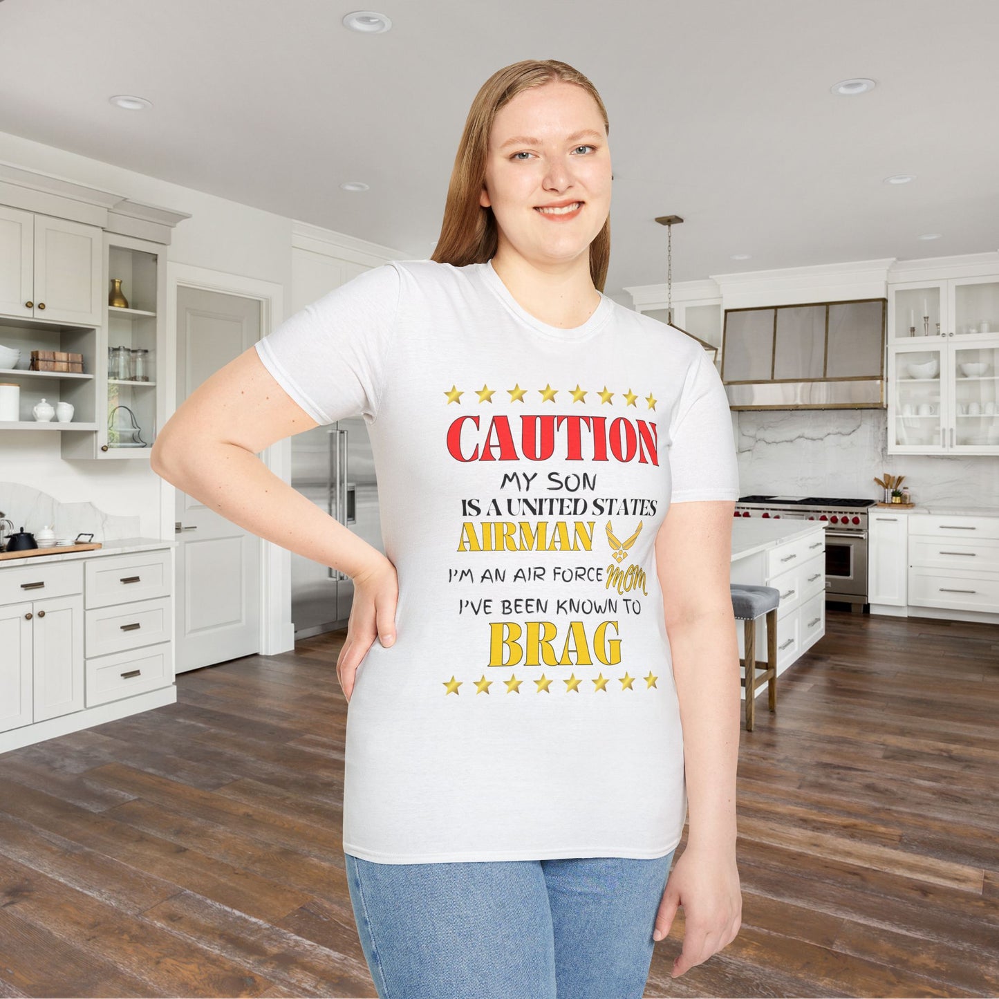 Caution My Son is a US Airman I've Been Known to Brag (Mom) Adult T-Shirt