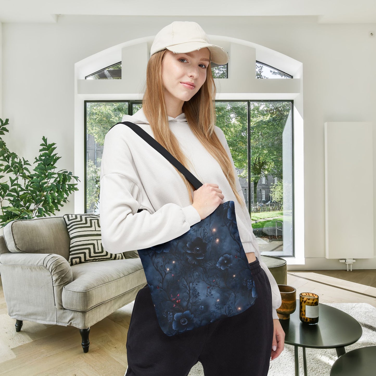 Black Roses & Vines Forget-Me-Nots Canvas Tote Bag