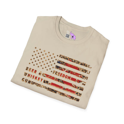 Freedom, Beer & Whiskey, Guns American Flag Adult T-shirt