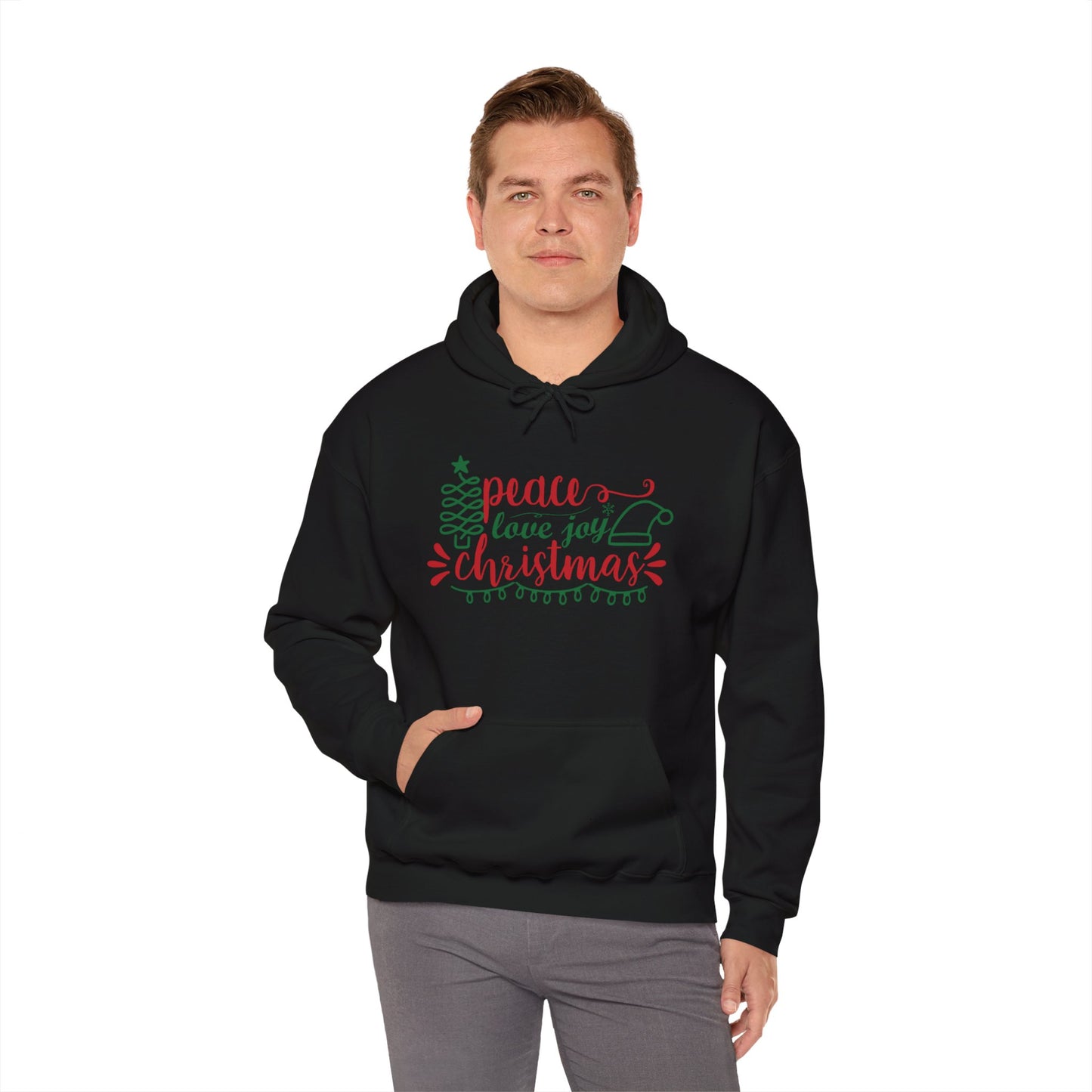 Peace Love & Joy Christmas Adult Heavy Blend™ Hooded Sweatshirt