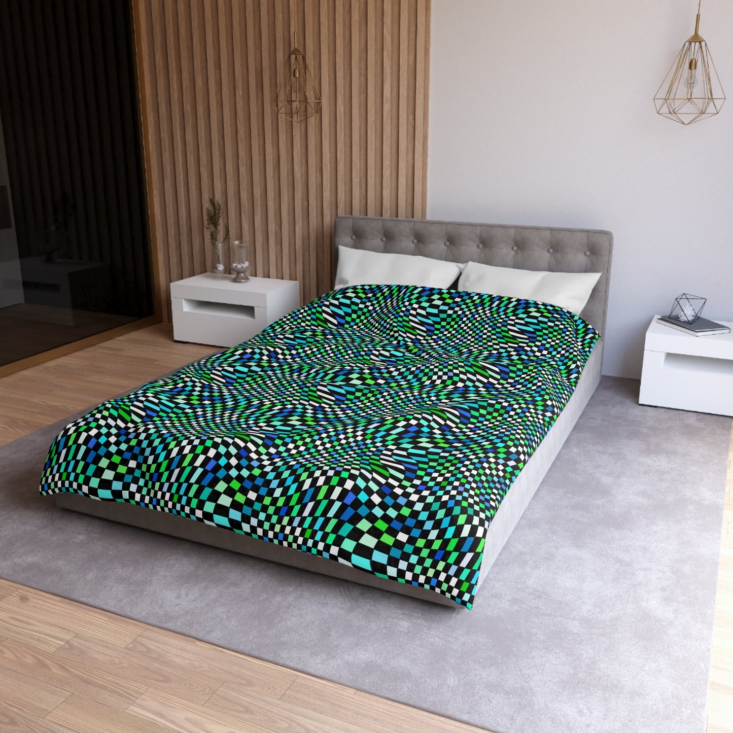 Warped Green Checkered Microfiber Duvet Cover