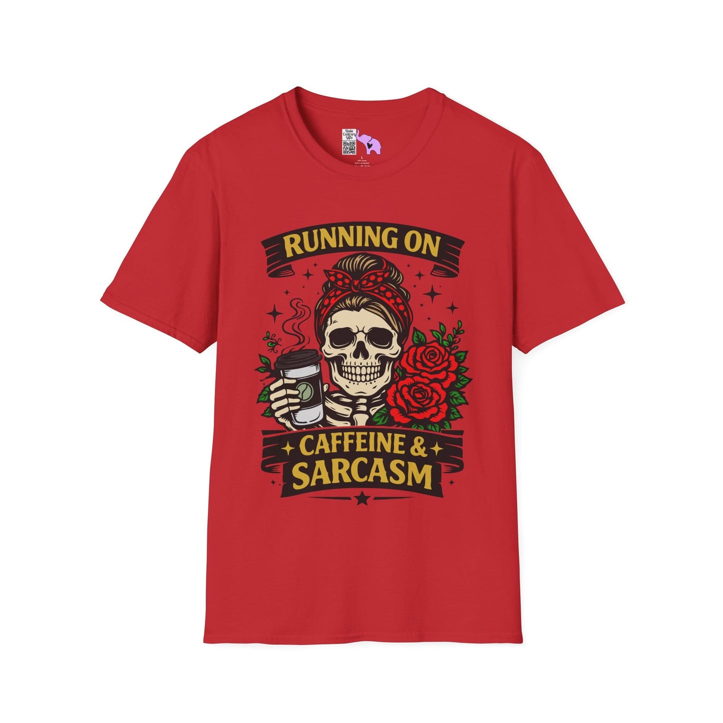 Running on Caffeine and Sarcasm (Roses) Adult T-shirt