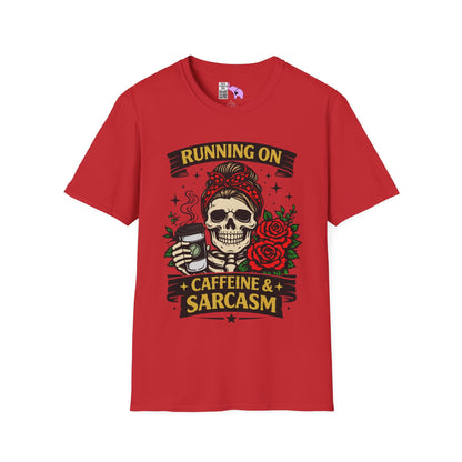 Running on Caffeine and Sarcasm (Roses) Adult T-shirt