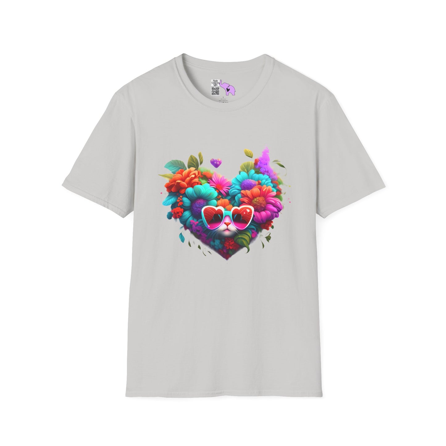 Colorful Flowers/Heart Kitten Adult T-shirt