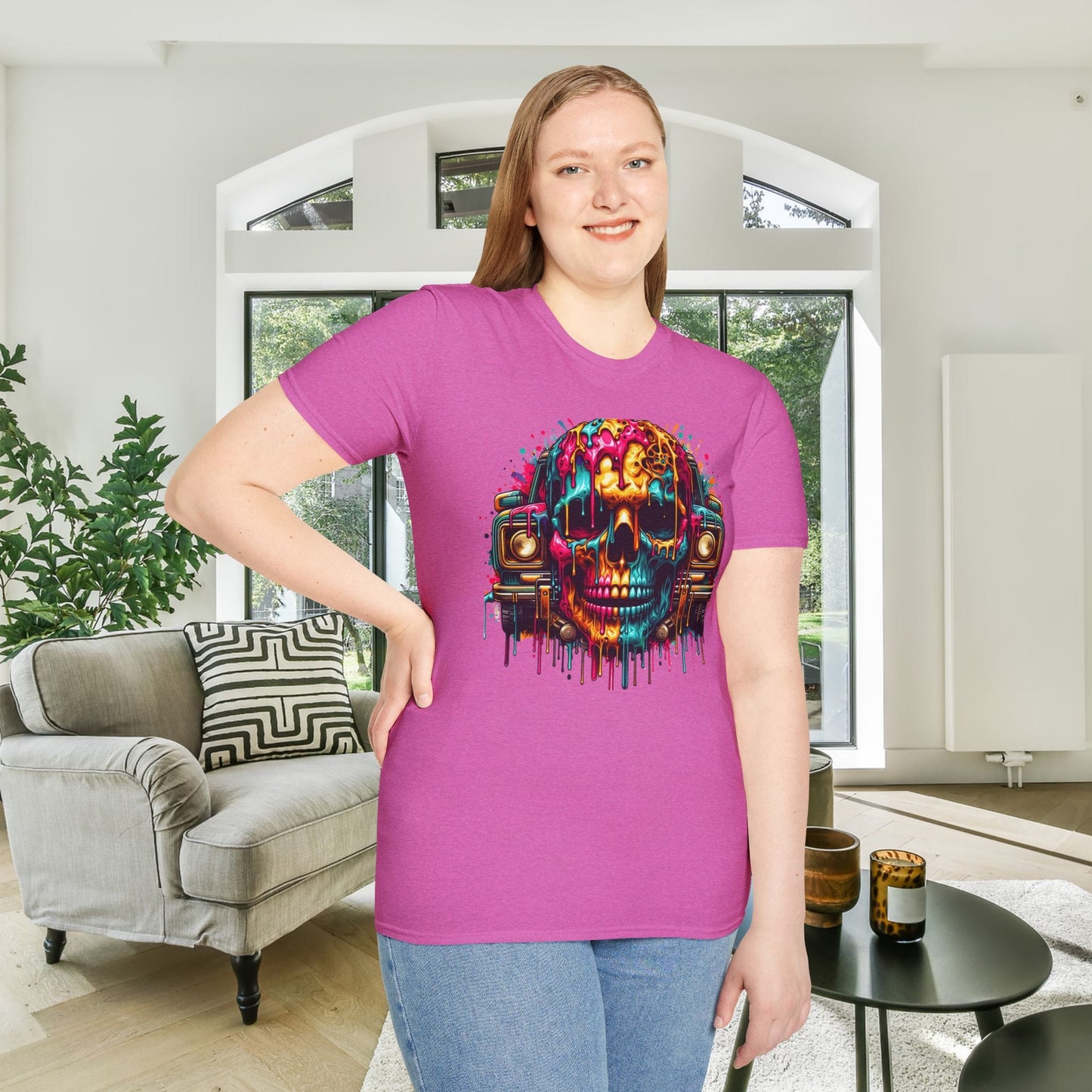 Colorful Skull & Car Adult T-shirt