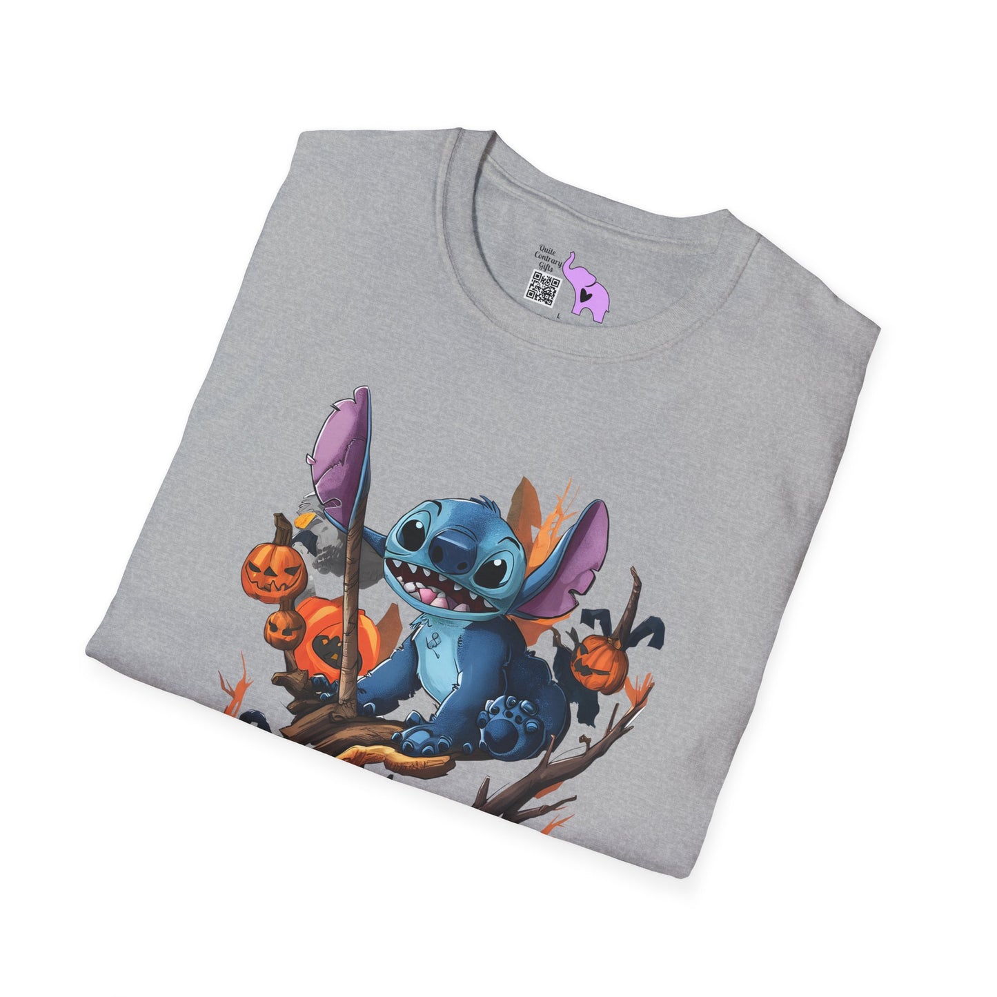 Halloween Stitch in Tree w/Pumpkins Adult T-shirt