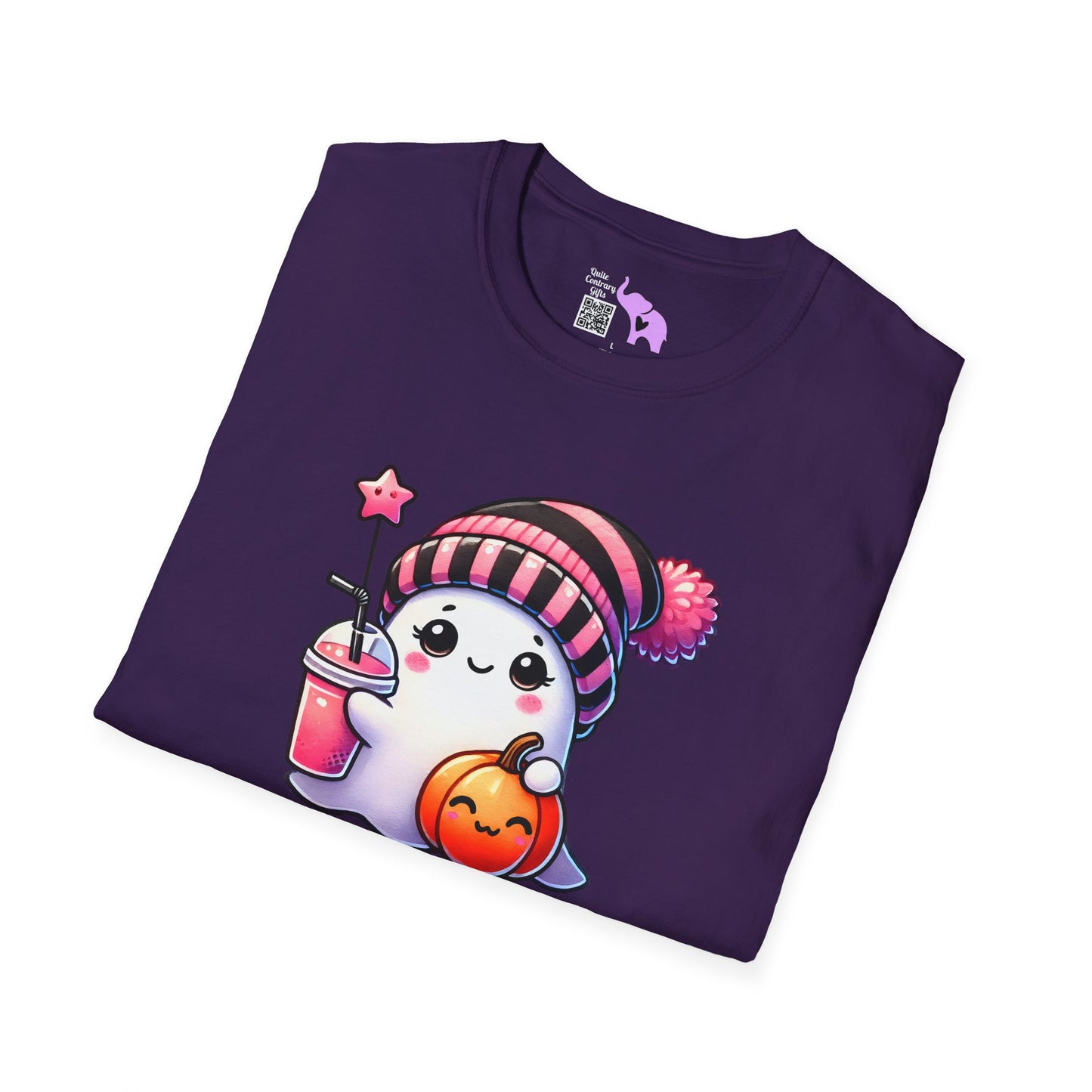 Cute Ghost w/Pumpkin and Pink Drink Adult T-shirt