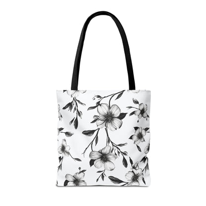 Black & White Five Petal Floral Canvas Tote Bag