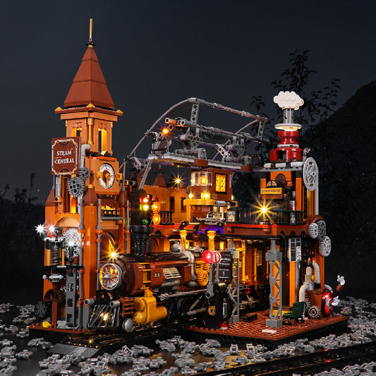 Steampunk Train Station Building Blocks Puzzle Light Up Model