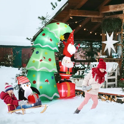 Topsy-Turvy Christmas Tree with Gnome, Santa & Penguin LED Inflatable
