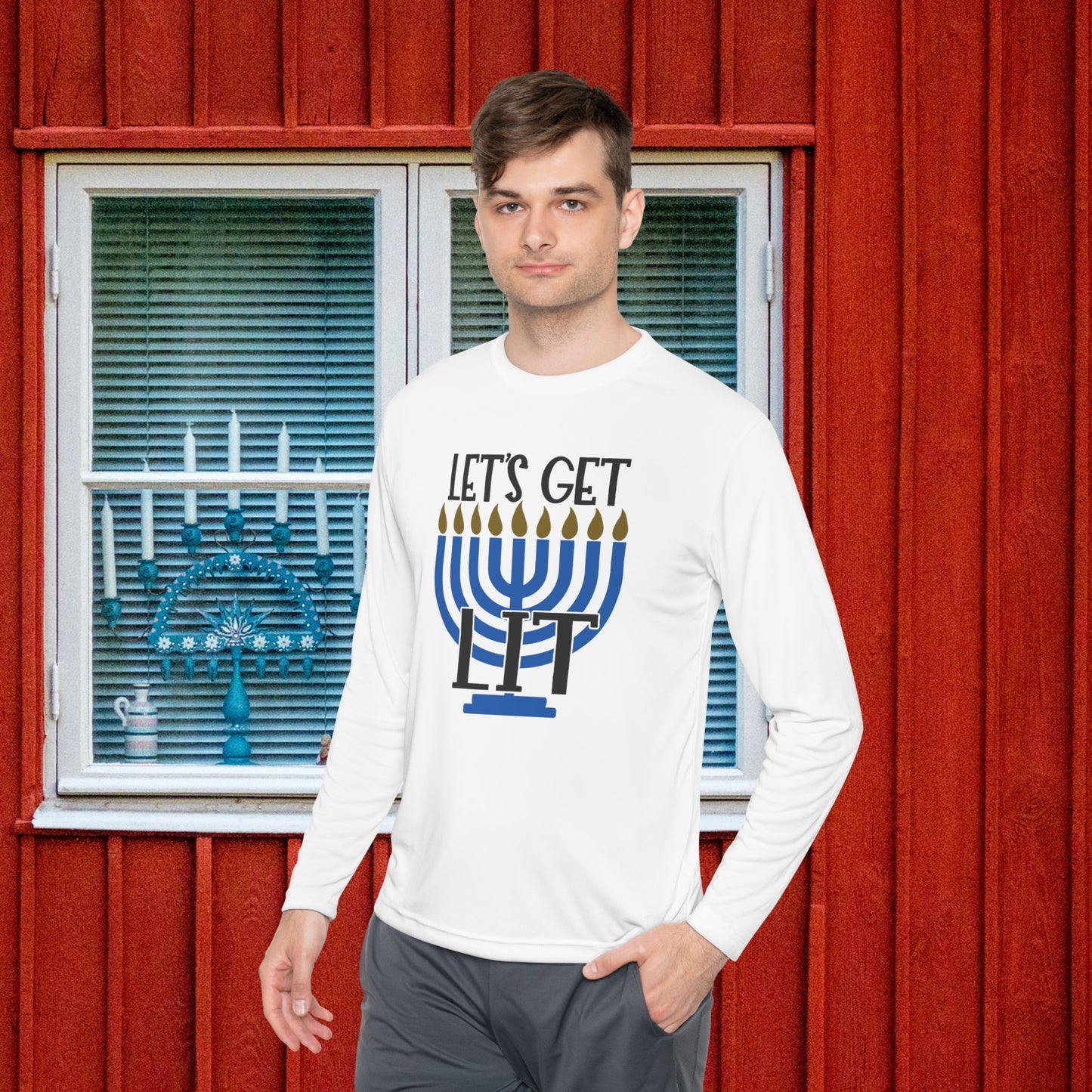 Lets Get Lit Menorah Adult Long Sleeve Tee