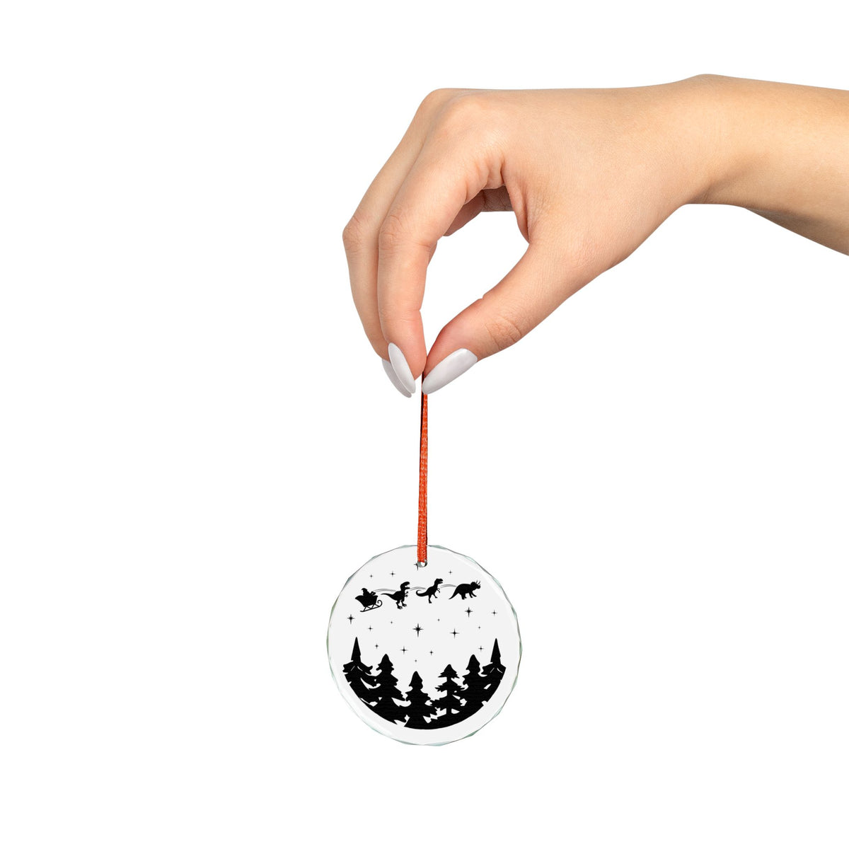 Santa Sleigh with Dinosaurs Silhouette Glass Ornament