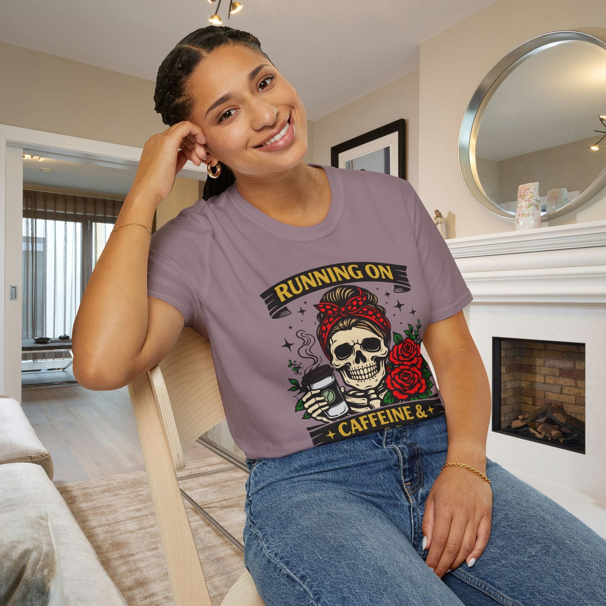 Running on Caffeine and Sarcasm (Roses) Adult T-shirt