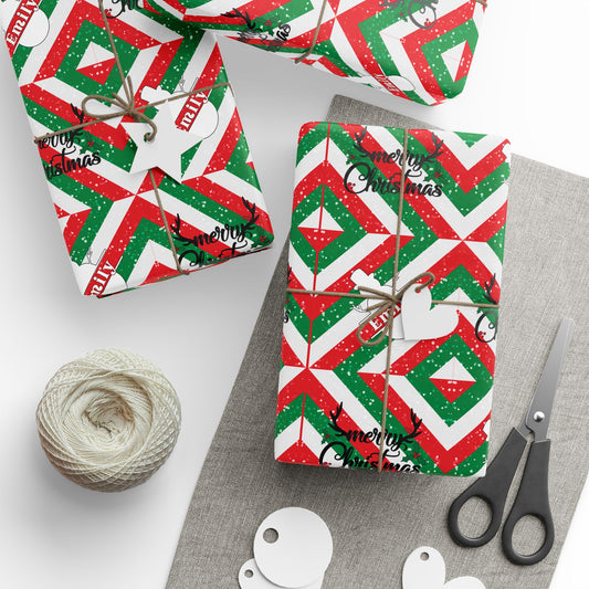 Red, White, & Green Snowman Custom Name Wrapping Paper (Emily)