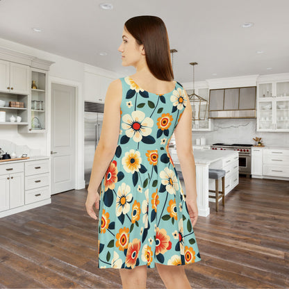 Vivid Flower on Teal Women's Skater Dress - Fun Spring Floral Dress for Every Occasion