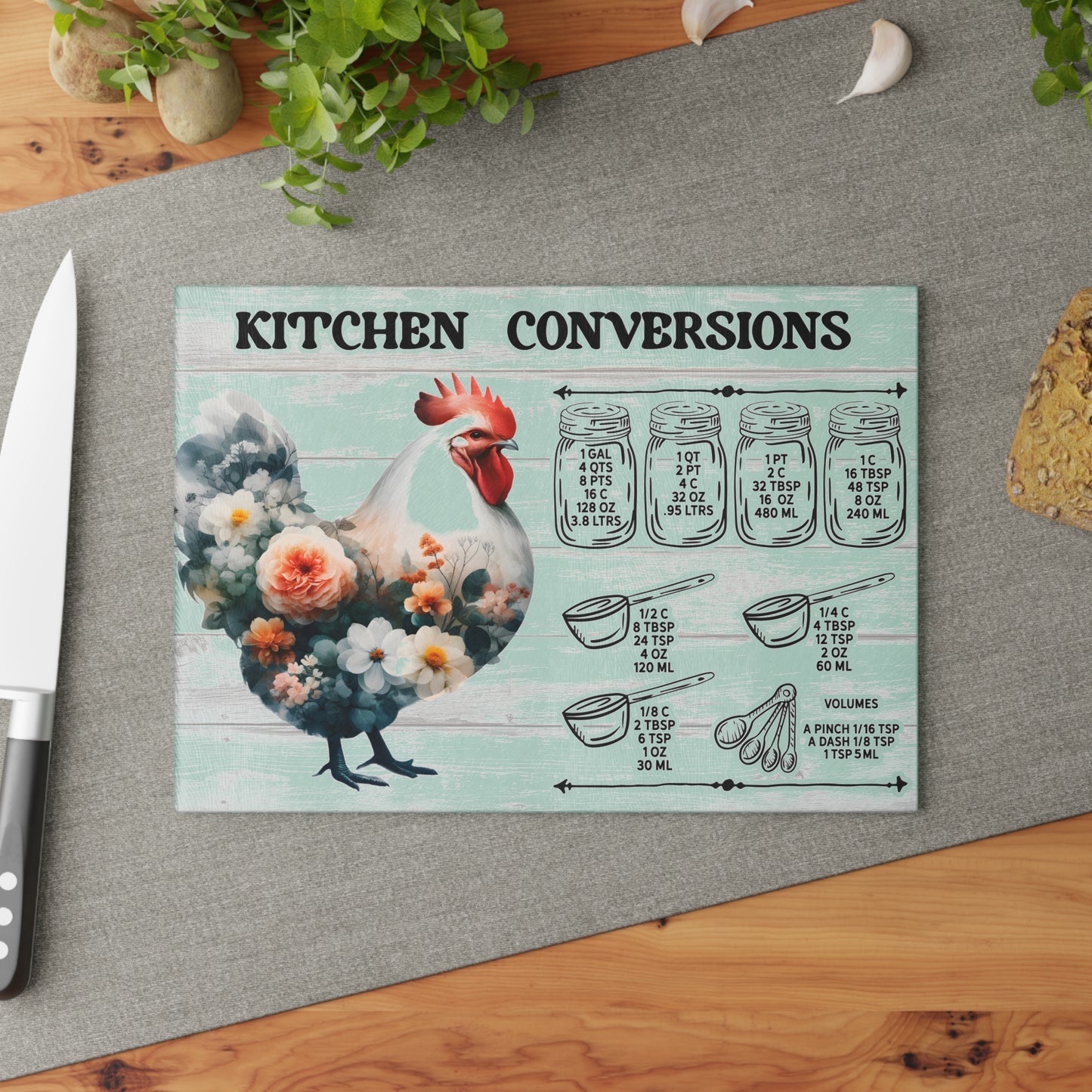 Floral Chicken Kitchen Conversions Glass Cutting Board | Perfect Gift for Home Cooks