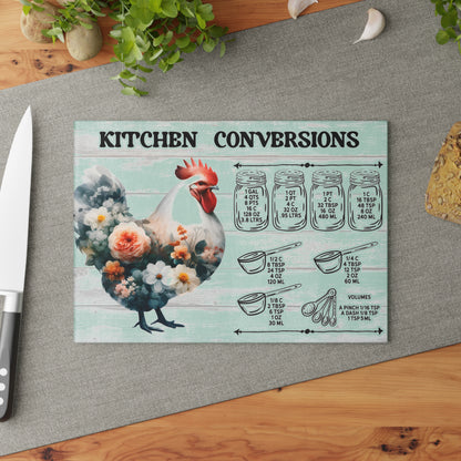 Floral Chicken Kitchen Conversions Glass Cutting Board | Perfect Gift for Home Cooks
