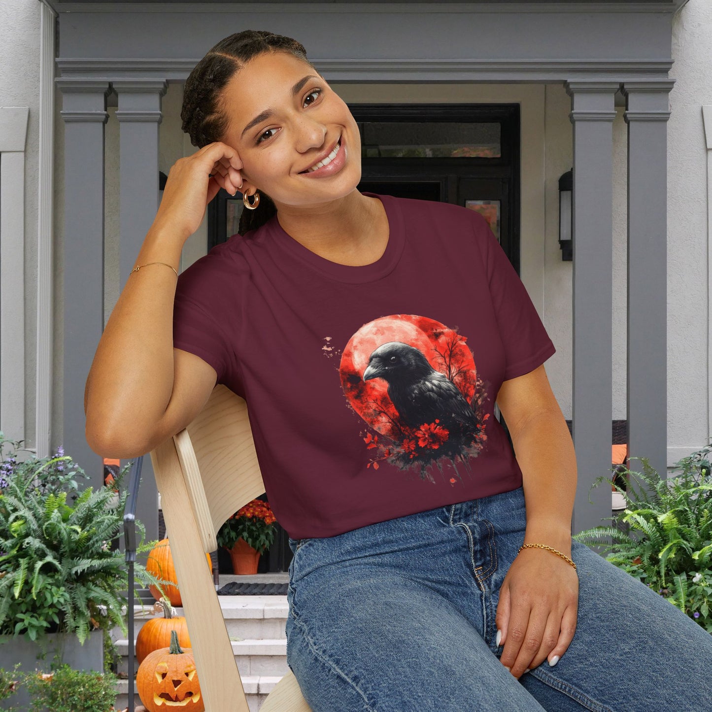 Creepy Raven with Full Moon Adult T-shirt