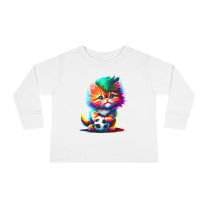 Cute Colorful Kitten w/Soccer Ball Toddler Long Sleeve Tee