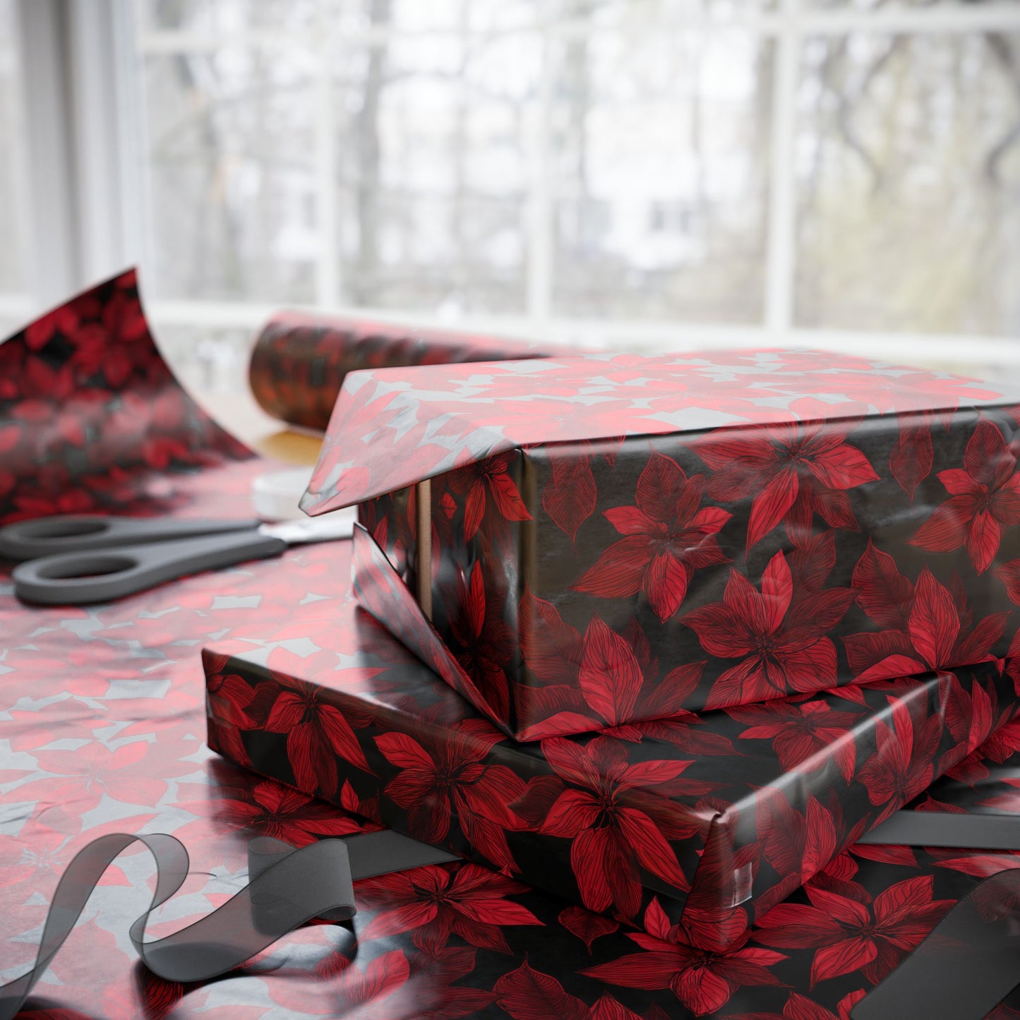 Midnight Poinsettia Garden Wrapping Paper