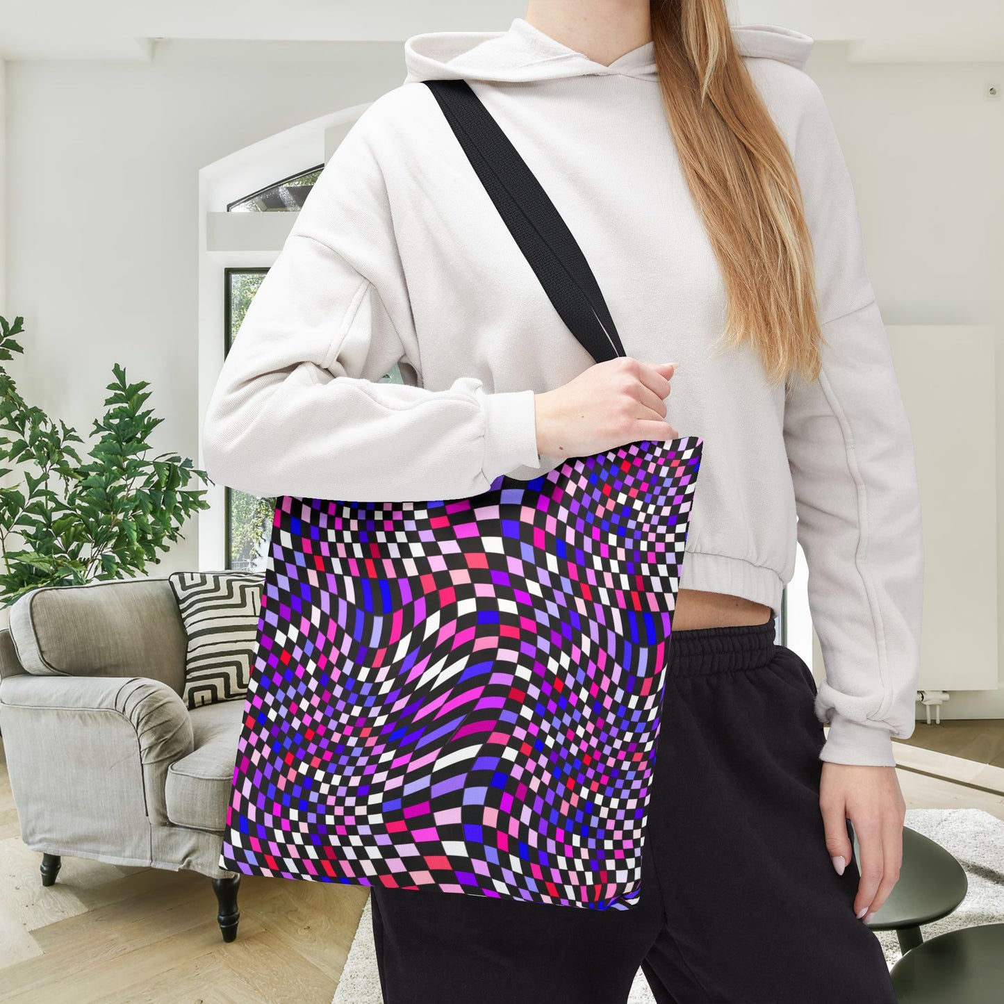 Warped Purple Checkered Canvas Tote Bag