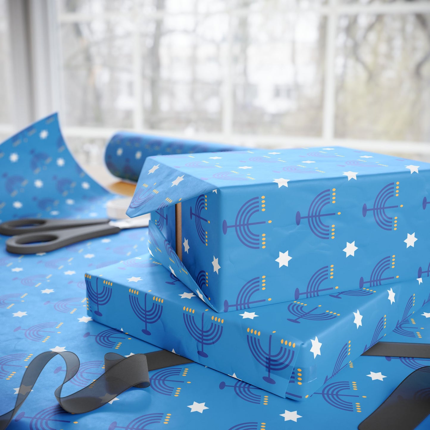 Blue/White Star of David Hanukkah Wrapping Paper