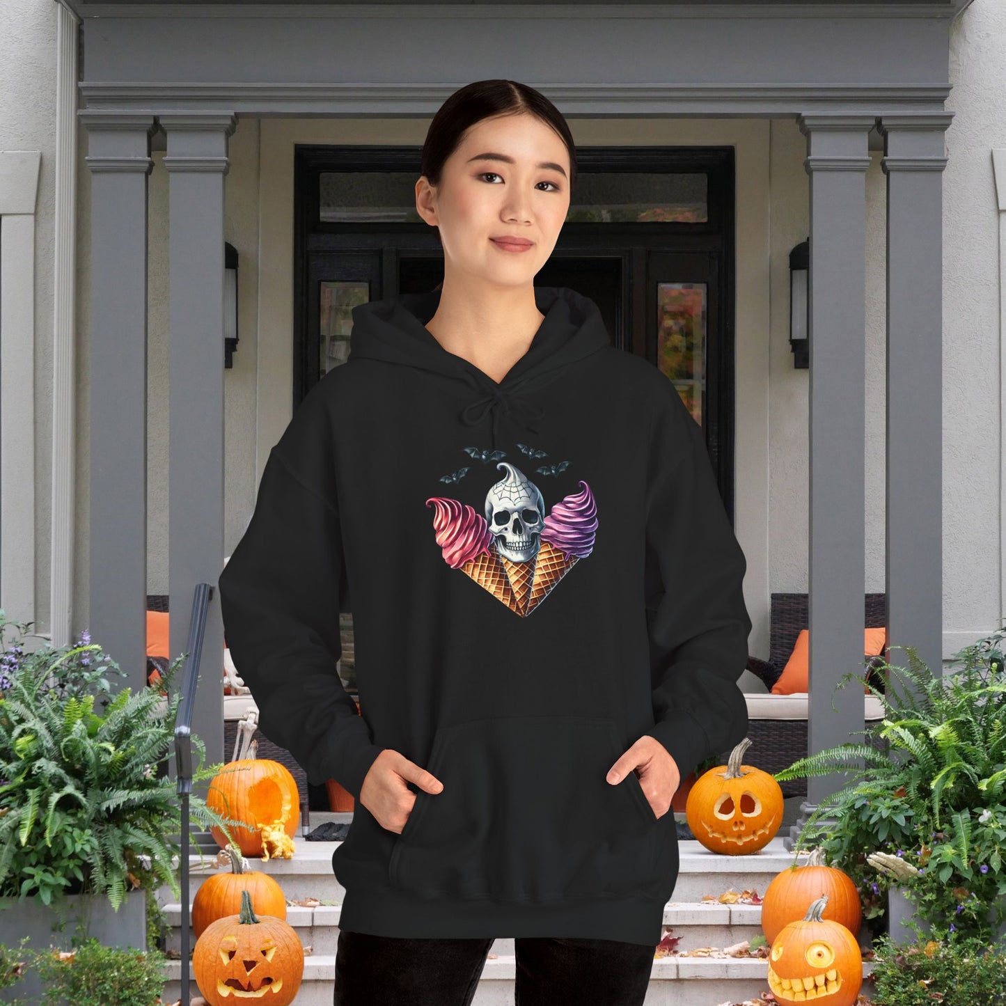 Spooky Ice Cream Cones Skull w/Bats Heavy Blend™ Hooded Sweatshirt