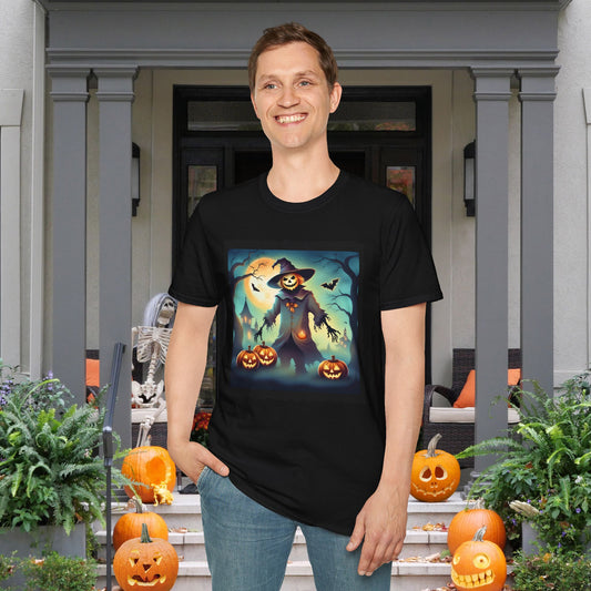 Halloween Scarecrow w/Pumpkins 3 Adult T-shirt