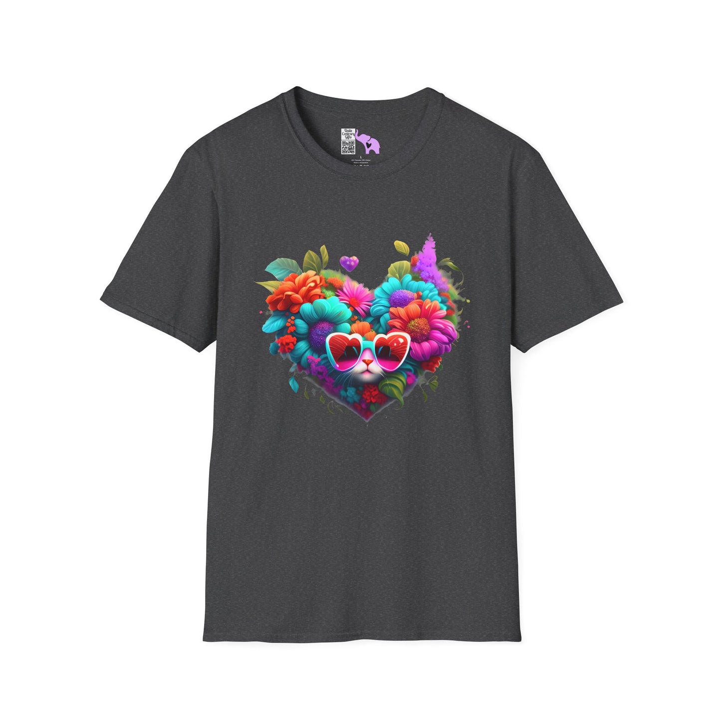 Colorful Flowers/Heart Kitten Adult T-shirt