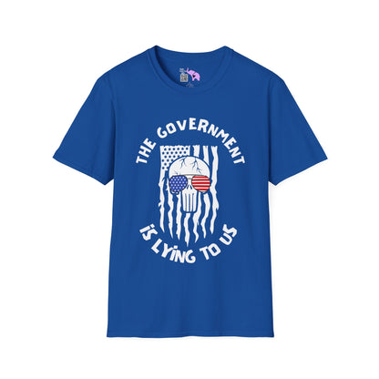 The Government is Lying To Us Skull w/Glasses Over Flag Adult T-shirt
