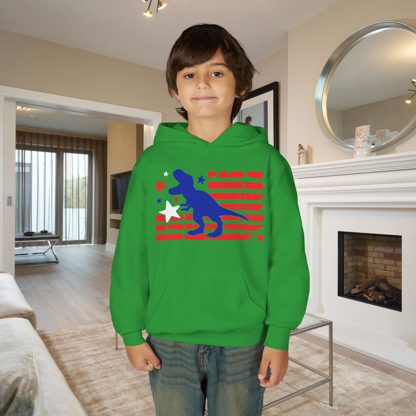 Distressed Patriotic T-Rex Youth Hoodie