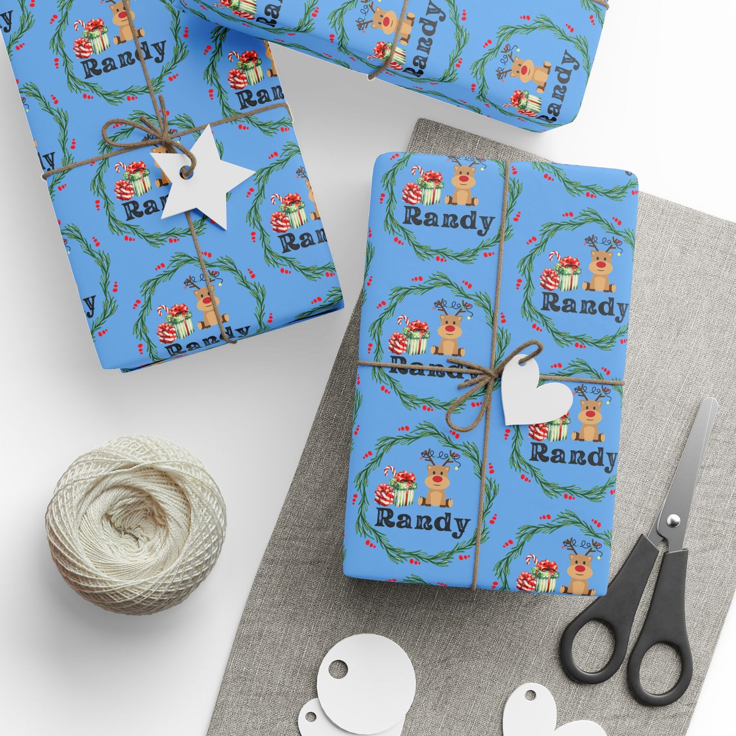 Cute Reindeer Wreath Custom Wrapping Paper (Randy)