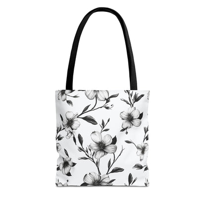 Black & White Five Petal Floral Canvas Tote Bag
